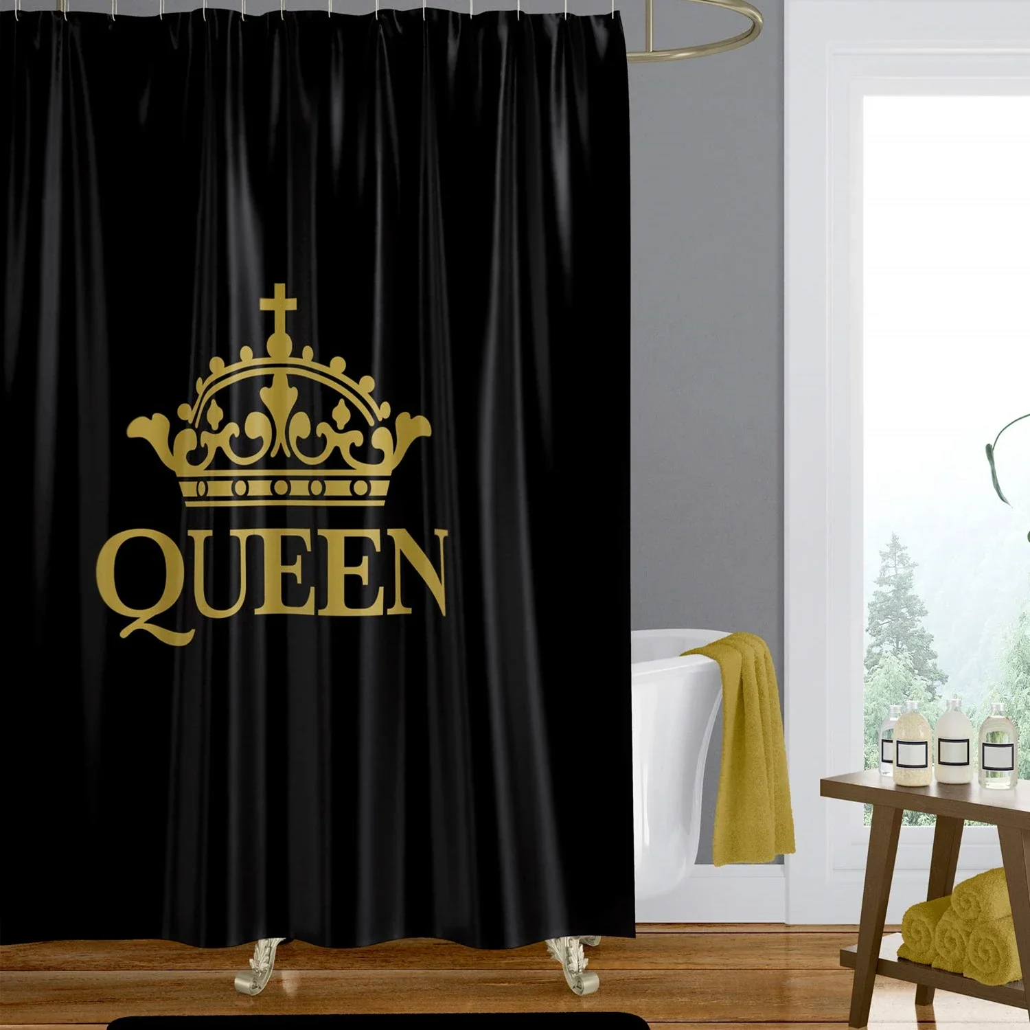 Elegant Black and Gold Shower Curtain Crown with Queen Letter Bathroom Curtains for Women Men Waterproof Fabric Include 12 Hooks
Elegant Black and Gold Shower Curtain Crown with Queen Letter Bathroom Curtains for Women Men Waterproof Fabric Include 12 Hooks