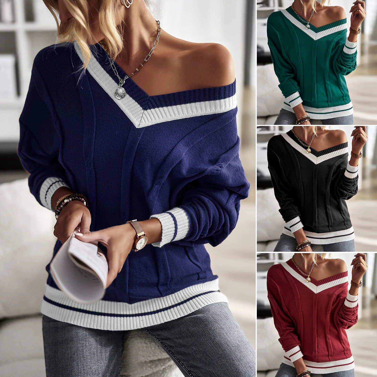 Self-designed Real Shot 2025 Women's Clothing Simple V-neck Contrasting Color Splicing Sweater Top
Self-designed Real Shot 2025 Women's Clothing Simple V-neck Contrasting Color Splicing Sweater Top