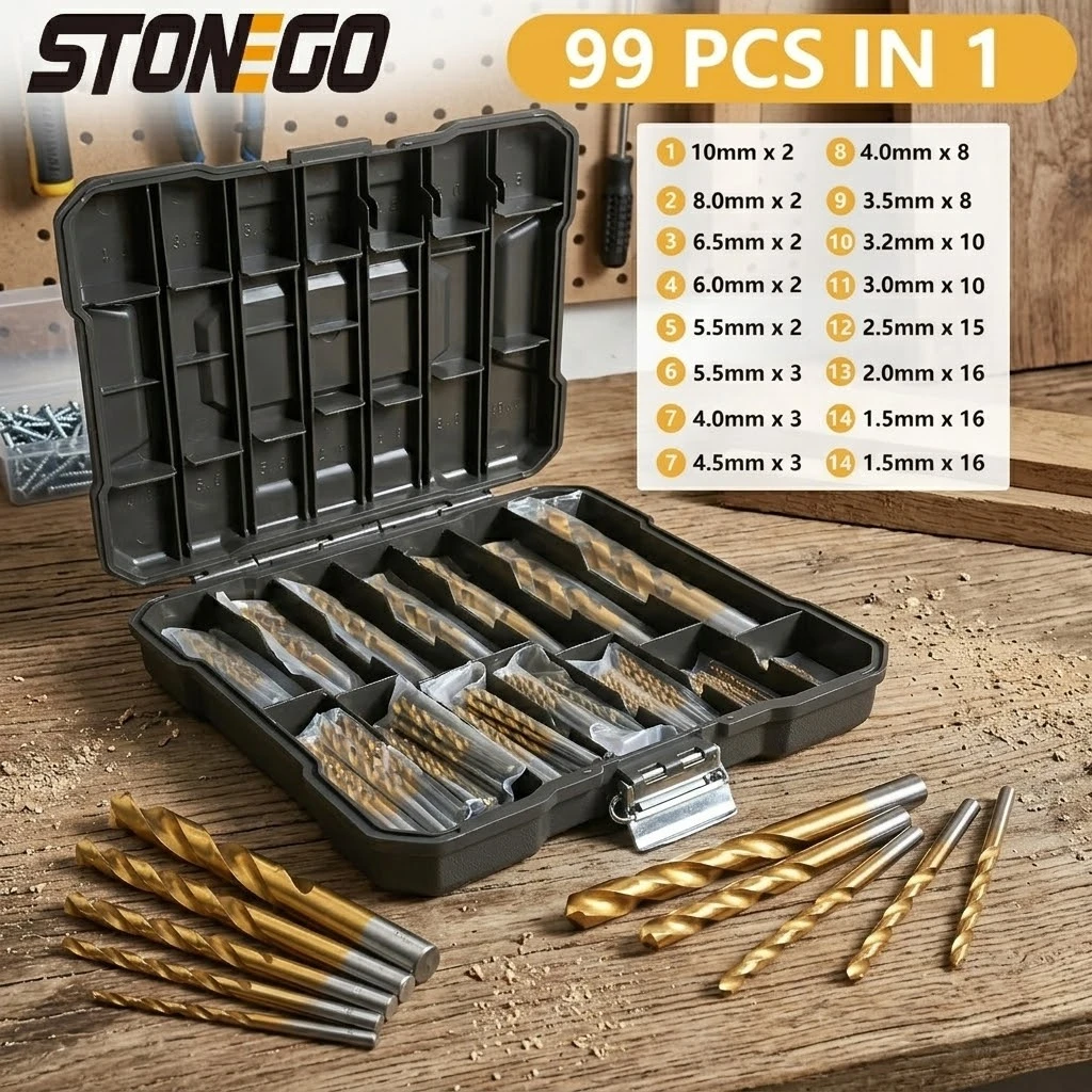 STONEGO 99 Pcs HSS Drill Bit Set High Speed Steel Titanium Coated Twist Drills 1.5mm to 10mm Metal Cutter Hole Saw Tool for Woodworking Plastic Soft Aluminum Sheet Metal Drilling for Contractors
STONEGO 99 Pcs HSS Drill Bit Set High Speed Steel Titanium Coated Twist Drills 1.5mm to 10mm Metal Cutter Hole Saw Tool for Woodworking Plastic Soft Aluminum Sheet Metal Drilling for Contractors