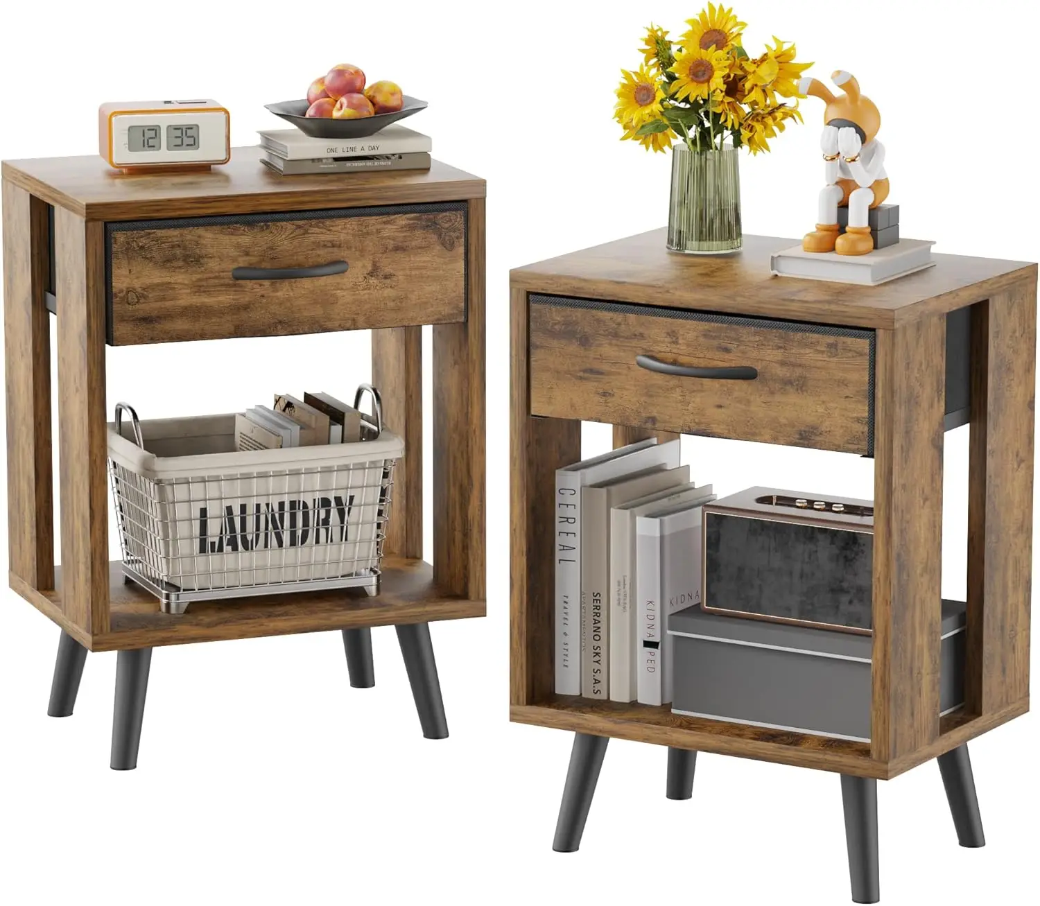 Nightstand Set of 2 with Fabric Drawers and Open Shelves - Rustic Bedroom Side Tables
Nightstand Set of 2 with Fabric Drawers and Open Shelves - Rustic Bedroom Side Tables