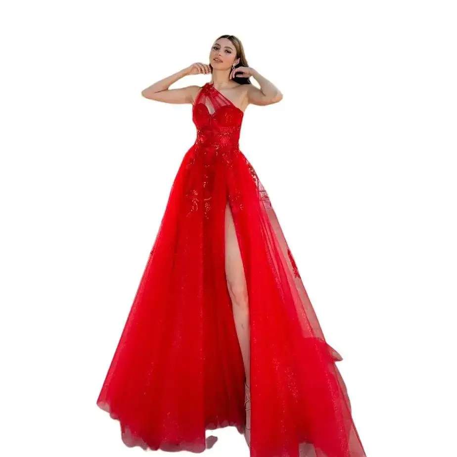 Customized High Slit Evening Dresses One Shoulder Tulle Pageant Party Gowns Lace Appliques Chic Vestido De Novia
Customized High Slit Evening Dresses One Shoulder Tulle Pageant Party Gowns Lace Appliques Chic Vestido De Novia