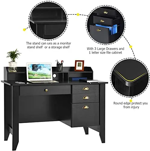 Black Executive Computer Desk With 3 Large Drawers, 1 File Cabinet, And Adjustable Hutch For Home Office Study Space
Black Executive Computer Desk With 3 Large Drawers, 1 File Cabinet, And Adjustable Hutch For Home Office Study Space