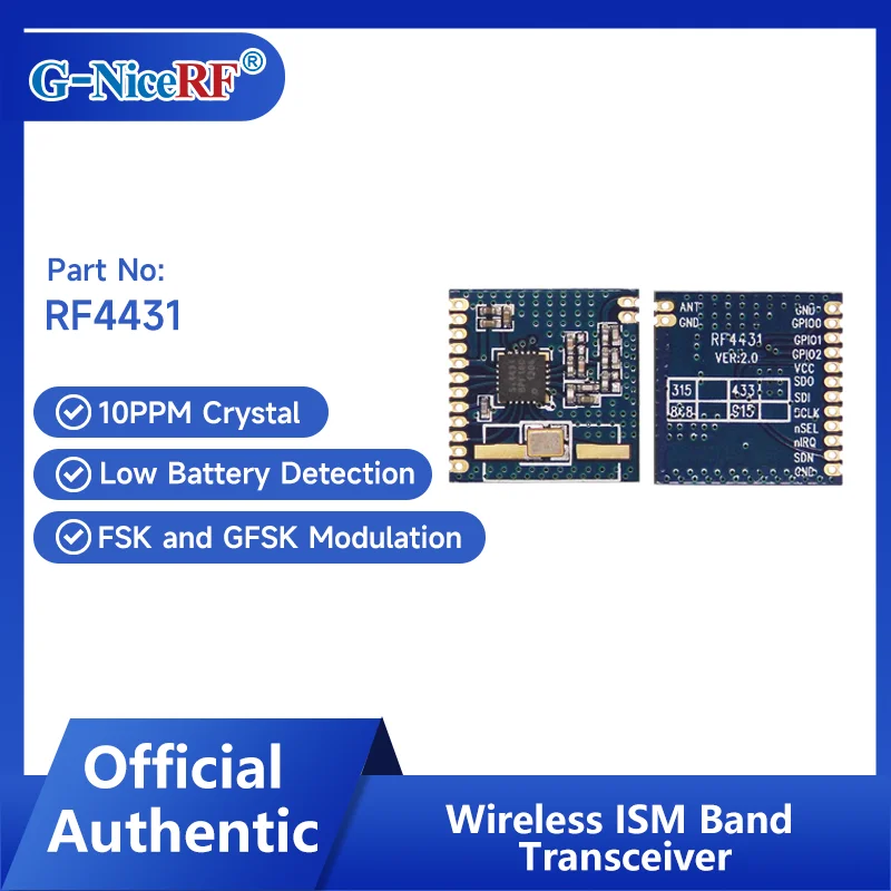 G-NiceRF| 2 PCS RF4431 High Sensitivity 10ppm Crystal Si4431 RF Transmitter And Receiver Module
G-NiceRF| 2 PCS RF4431 High Sensitivity 10ppm Crystal Si4431 RF Transmitter And Receiver Module