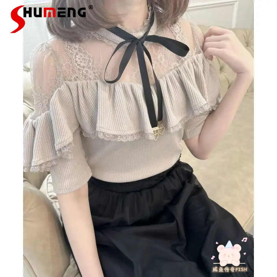 Japanese Elegant Sweet Lace Splicing Stand Collar Lace-up Bow Short-sleeved Versatile Slim Knitted Tops T-shirts Women Summer
Japanese Elegant Sweet Lace Splicing Stand Collar Lace-up Bow Short-sleeved Versatile Slim Knitted Tops T-shirts Women Summer