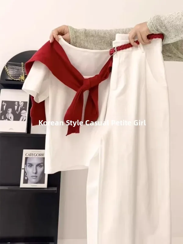 Summer Fashion White Shawl T-Shirt Wide Leg Pants Two-Piece Set Korean Style High Waist Long Pants Casual Wear Universal Size
Summer Fashion White Shawl T-Shirt Wide Leg Pants Two-Piece Set Korean Style High Waist Long Pants Casual Wear Universal Size