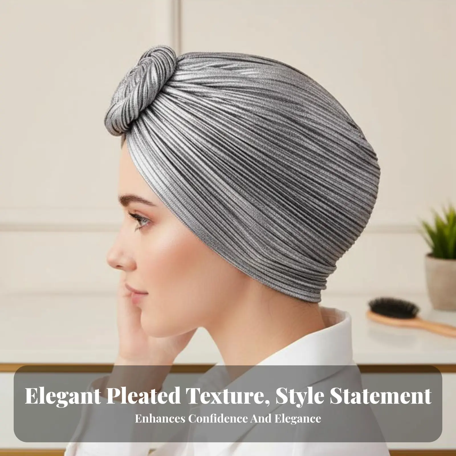 Shiny Pleated Turban Hat, Floral Accent, Ethnic Style Headwrap for Adults, Polyester
Shiny Pleated Turban Hat, Floral Accent, Ethnic Style Headwrap for Adults, Polyester