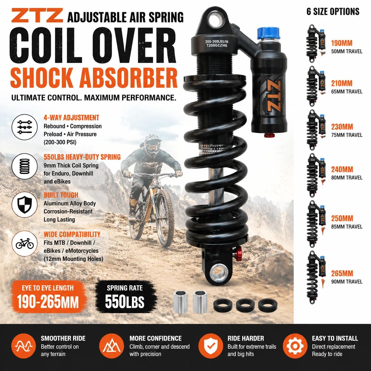 Adjustable Air Coil Rear Shock Absorber 190–265mm 550LBS MTB Suspension with Rebound Compression Preload Air Pressure 200–300 PSI for Mountain Bike Downhill E-Bike
Adjustable Air Coil Rear Shock Absorber 190–265mm 550LBS MTB Suspension with Rebound Compression Preload Air Pressure 200–300 PSI for Mountain Bike Downhill E-Bike