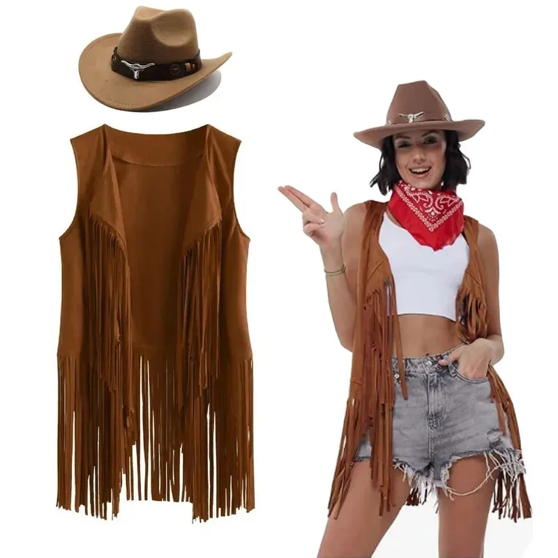 Vintage Hippie Western Cowgirl Cosplay Costume Women Tassels Fringe Vest Hat Set Cowgirl Role Play Suit 60s 70s Theme Party
Vintage Hippie Western Cowgirl Cosplay Costume Women Tassels Fringe Vest Hat Set Cowgirl Role Play Suit 60s 70s Theme Party