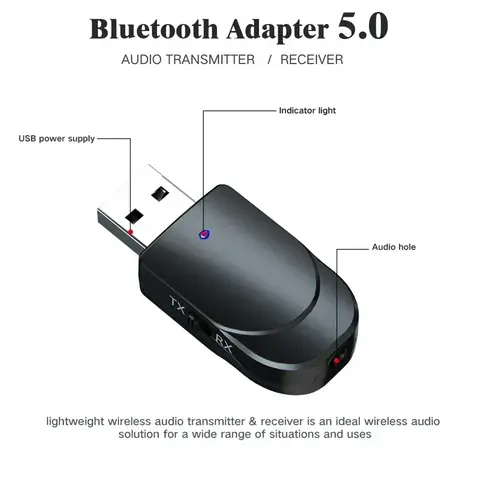 3 in 1 USB Bluetooth 5.0 Audio Receiver Transmitter to Computer TV Adapter Car Dual Output For Speakers Headphones
