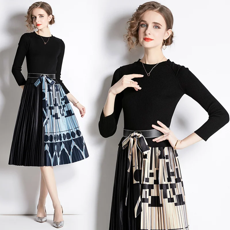 Bonnie thea Autumn And Winter Printed Patchwork Knitted Dress O-Neck Lace-up Belt Vintage Pleated Party Dresses Vestidos 2023
Bonnie thea Autumn And Winter Printed Patchwork Knitted Dress O-Neck Lace-up Belt Vintage Pleated Party Dresses Vestidos 2023