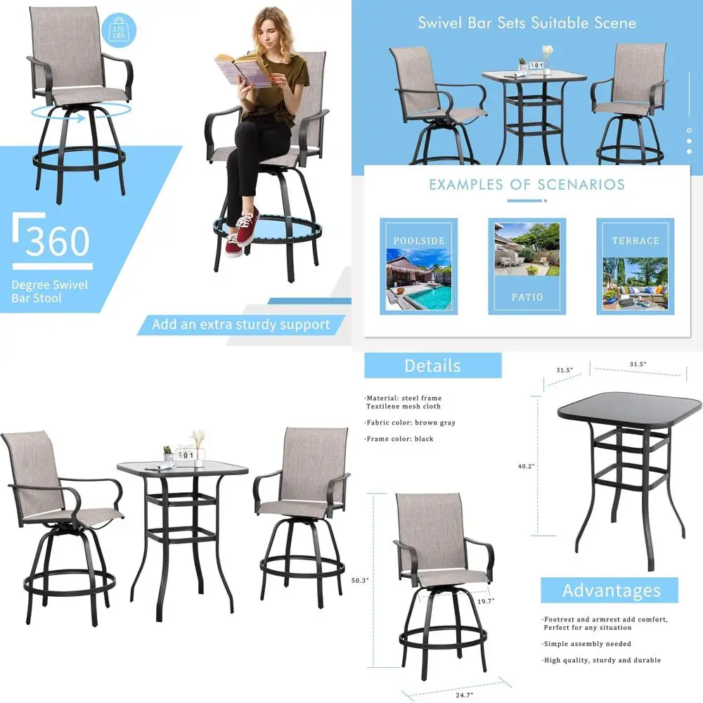 All-Weather Textile Fabric Outdoor Swivel Bar Set with 2 High Back Chairs and Glass Table for Patio, Garden, Lawn
All-Weather Textile Fabric Outdoor Swivel Bar Set with 2 High Back Chairs and Glass Table for Patio, Garden, Lawn
