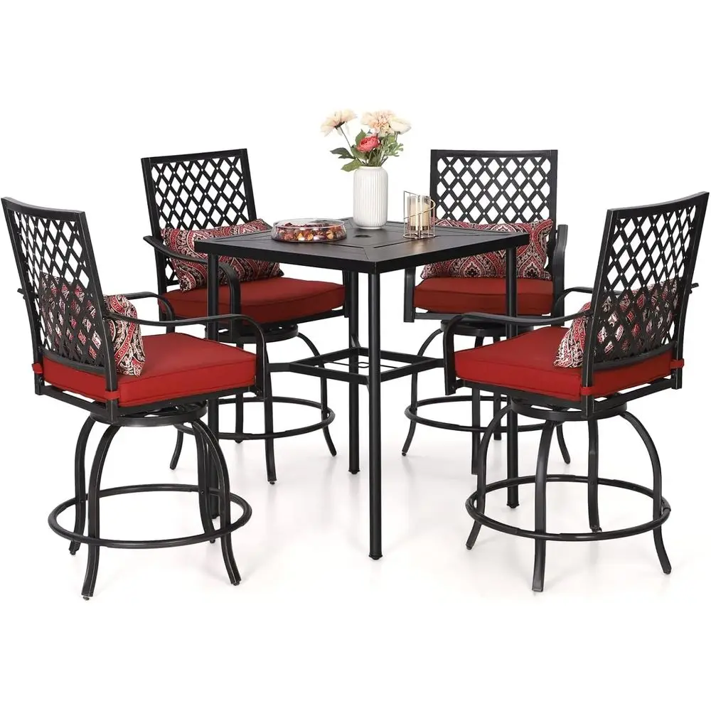 5-Piece Outdoor High Dining Set: Metal Bar Table with 4 Swivel Stools, Red Cushions, Umbrella Hole
5-Piece Outdoor High Dining Set: Metal Bar Table with 4 Swivel Stools, Red Cushions, Umbrella Hole