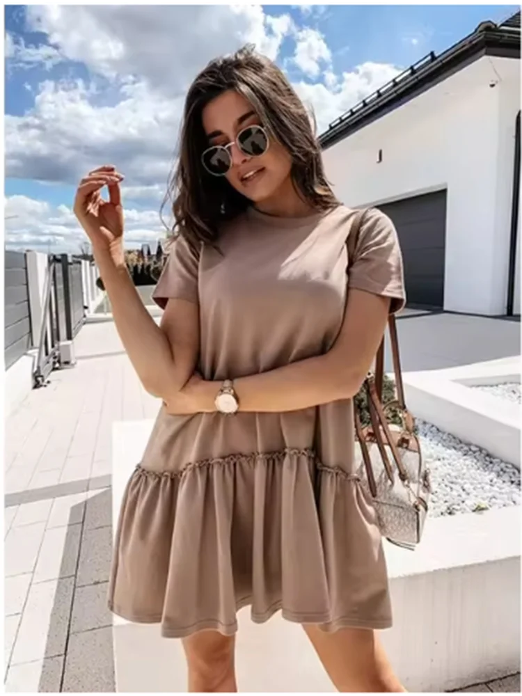 Fashion Ruffle Edge Solid Color Dress Women Round Neck Short Sleeve Mini Dresses Summer Simple Casual Dress
Fashion Ruffle Edge Solid Color Dress Women Round Neck Short Sleeve Mini Dresses Summer Simple Casual Dress