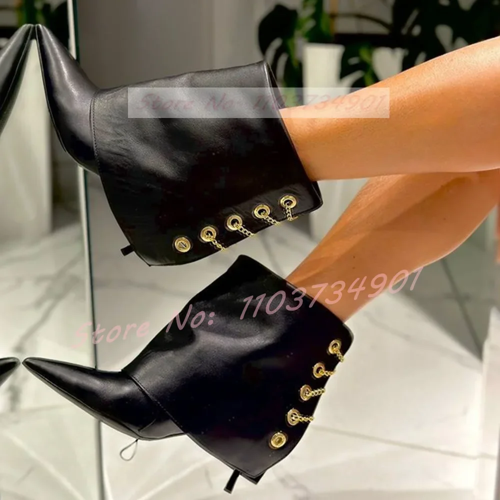 Metal Chain Fold Over Ankle Boots Women Retro Pointed Toe Slip-On Thin High Heels Boots Ladies Party Fashion Nifty Sexy Shoes
Metal Chain Fold Over Ankle Boots Women Retro Pointed Toe Slip-On Thin High Heels Boots Ladies Party Fashion Nifty Sexy Shoes