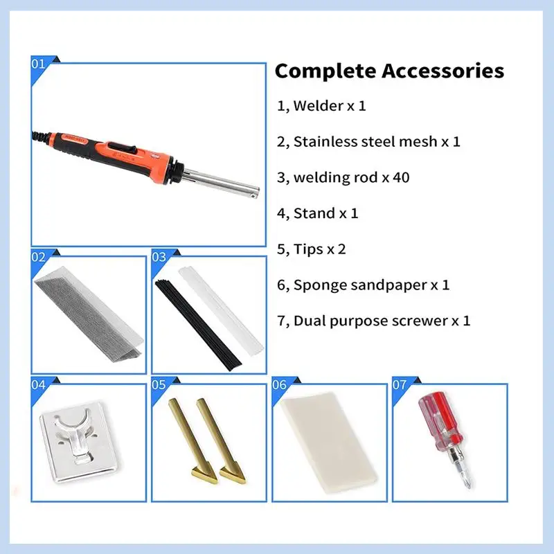 AS63-100W Temperature Control Plastic Welding Repair Kit With 40 Rods, Multi-Purpose Fit For DIY,Car Bumper,Dashboard US Plug
AS63-100W Temperature Control Plastic Welding Repair Kit With 40 Rods, Multi-Purpose Fit For DIY,Car Bumper,Dashboard US Plug