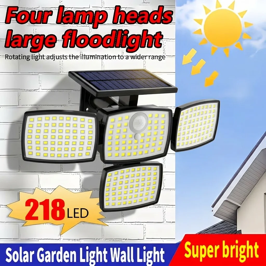 218 LED Solar Motion Sensor Lights Outdoor with Remote, 4-Head Flood Light, 3 Lighting Mode, IP65 Waterproof Solar Street Lights
218 LED Solar Motion Sensor Lights Outdoor with Remote, 4-Head Flood Light, 3 Lighting Mode, IP65 Waterproof Solar Street Lights
