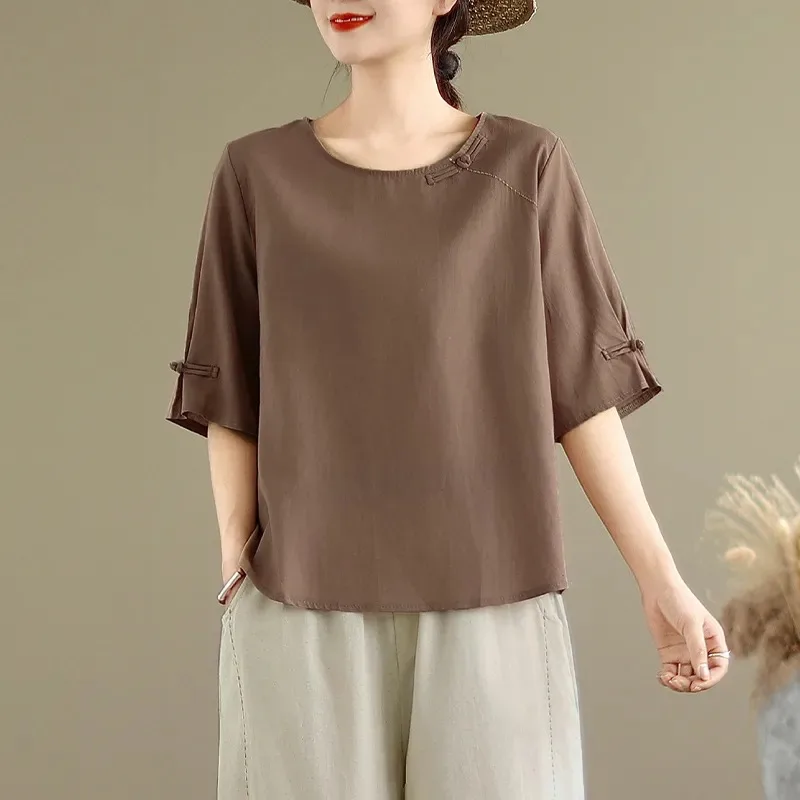 Women's Linen Cotton Blouse Chinese Knot Button Round Neck 3/4 Sleeve Casual Loose T-shirt
Women's Linen Cotton Blouse Chinese Knot Button Round Neck 3/4 Sleeve Casual Loose T-shirt