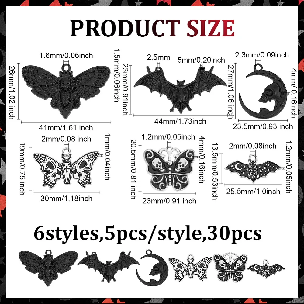 30Pcs 6 Styles Alloy Enamel Pendants Bat Moon Moth Butterfly Mixed Color 13.5~27x23~44x1~5mm Hole: 1.2~2.5mm
30Pcs 6 Styles Alloy Enamel Pendants Bat Moon Moth Butterfly Mixed Color 13.5~27x23~44x1~5mm Hole: 1.2~2.5mm