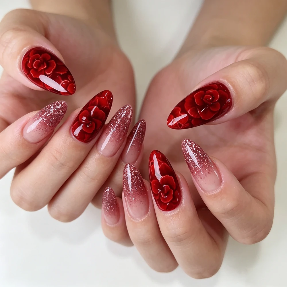 Red Gradient Glitter Press On Nails Rose Print Glossy Almond False Nails For Elegant Occasions
Red Gradient Glitter Press On Nails Rose Print Glossy Almond False Nails For Elegant Occasions