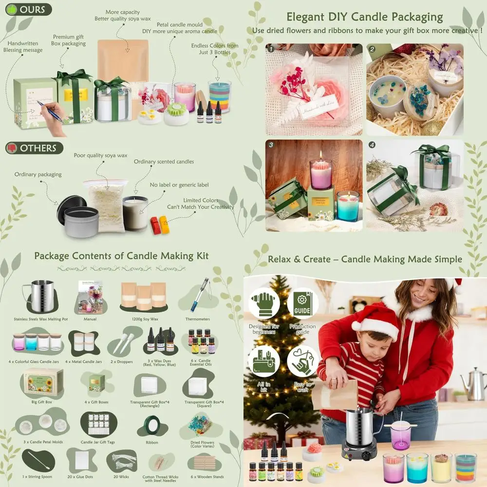 Candle Making Kit for Adults & Beginners - Full DIY Set with 1200g Soy Wax, Jars, Dyes, Floral Molds, Gift Packaging - Christmas
Candle Making Kit for Adults & Beginners - Full DIY Set with 1200g Soy Wax, Jars, Dyes, Floral Molds, Gift Packaging - Christmas