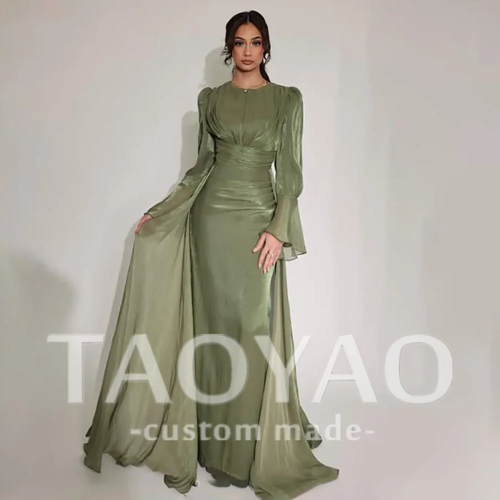 Modest Crepe Evening Dress O-Neck Pleats Green Puff Long Sleeve Floor Length Prom Dresses Arabia Party Gowns Customizeded
Modest Crepe Evening Dress O-Neck Pleats Green Puff Long Sleeve Floor Length Prom Dresses Arabia Party Gowns Customizeded