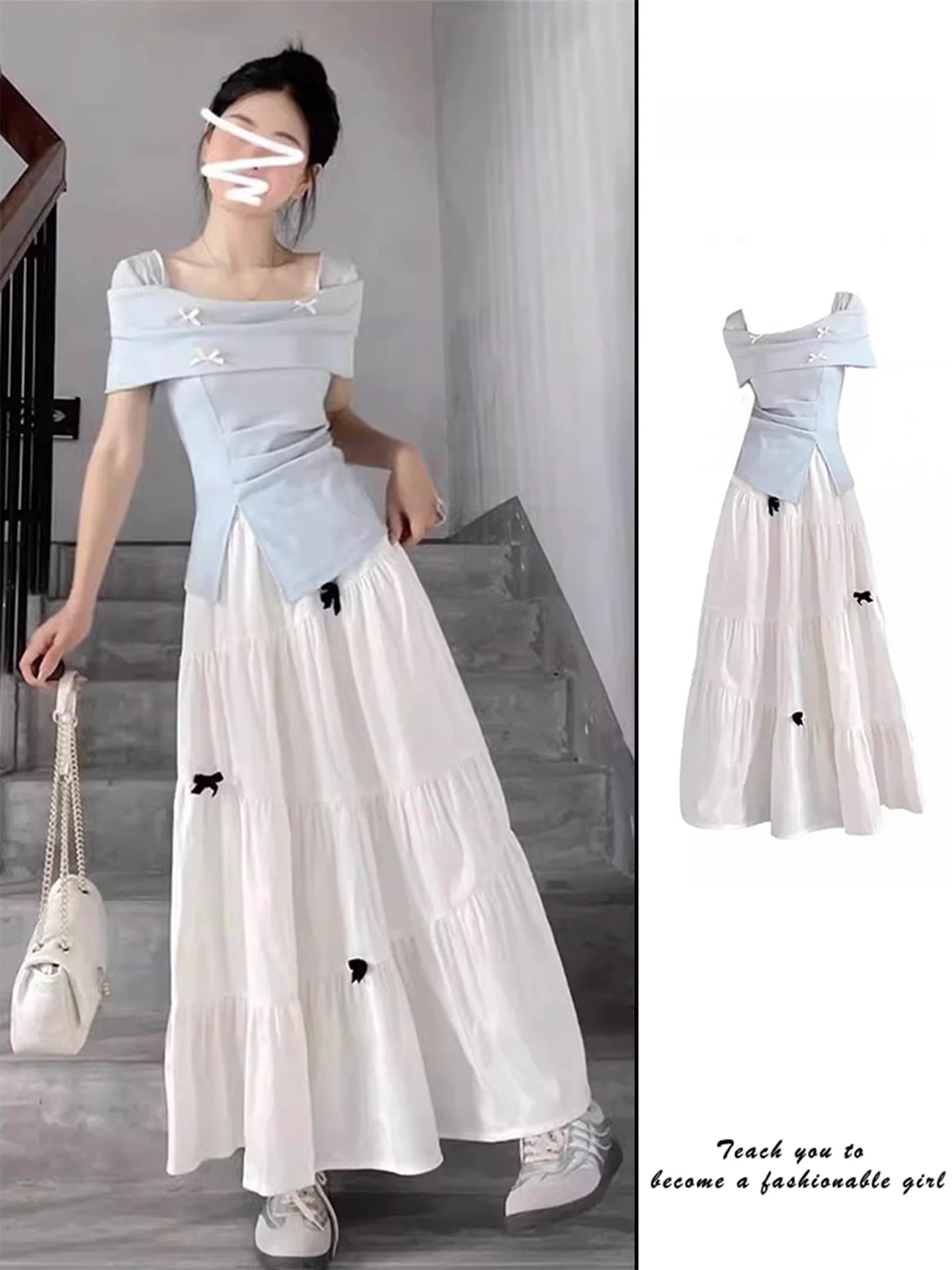 Summer Blue Short Sleeve Top And High Waist Skirt Women's Fashion Set Casual Breathable Cotton Blend Two-Piece Suit
Summer Blue Short Sleeve Top And High Waist Skirt Women's Fashion Set Casual Breathable Cotton Blend Two-Piece Suit