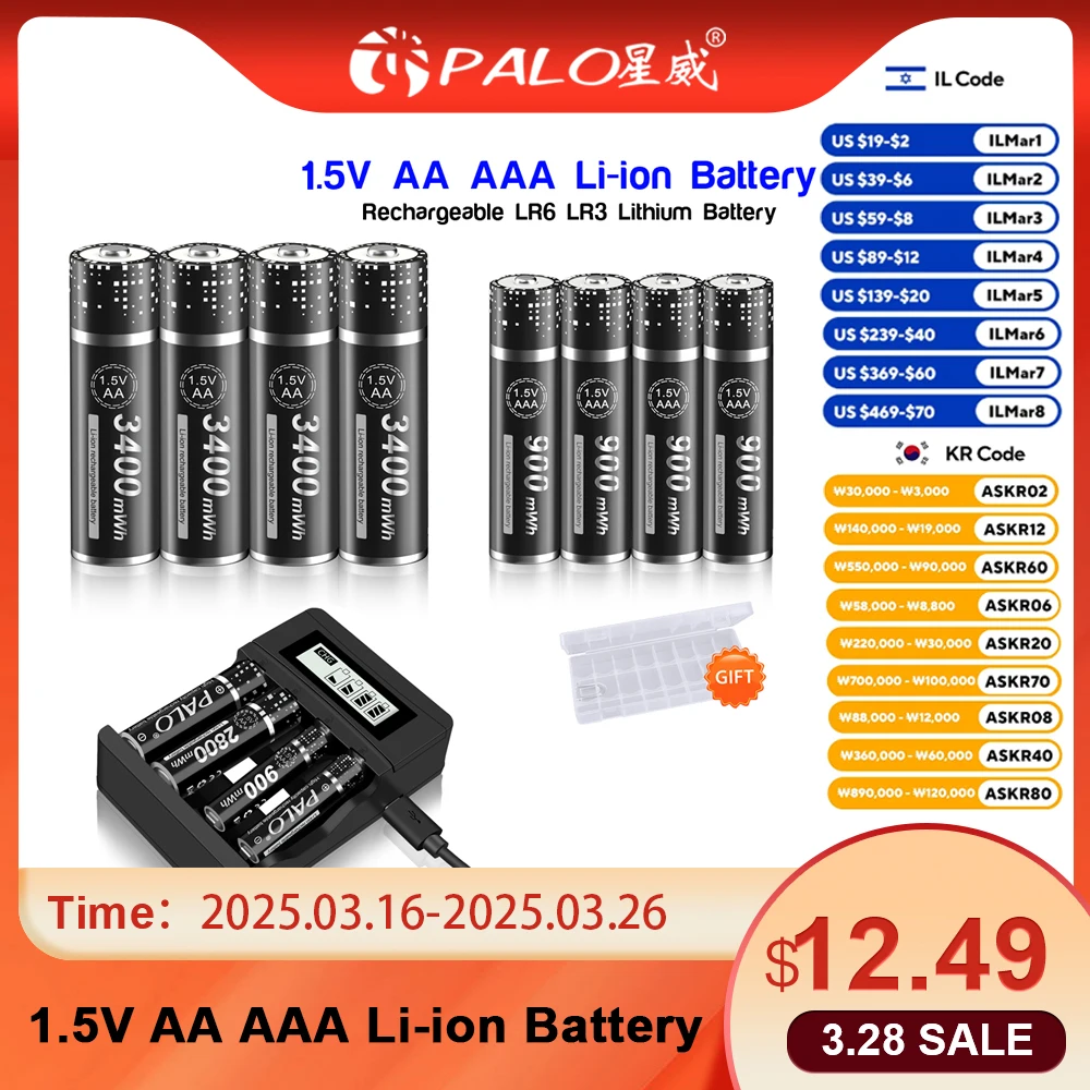 PALO 1.5V AA AAA Li-ion Rechargeable Battery AA+AAA Battery Rechargeable R6 R3 Lithium Batteries+4 slots LCD Smart Charger
PALO 1.5V AA AAA Li-ion Rechargeable Battery AA+AAA Battery Rechargeable R6 R3 Lithium Batteries+4 slots LCD Smart Charger