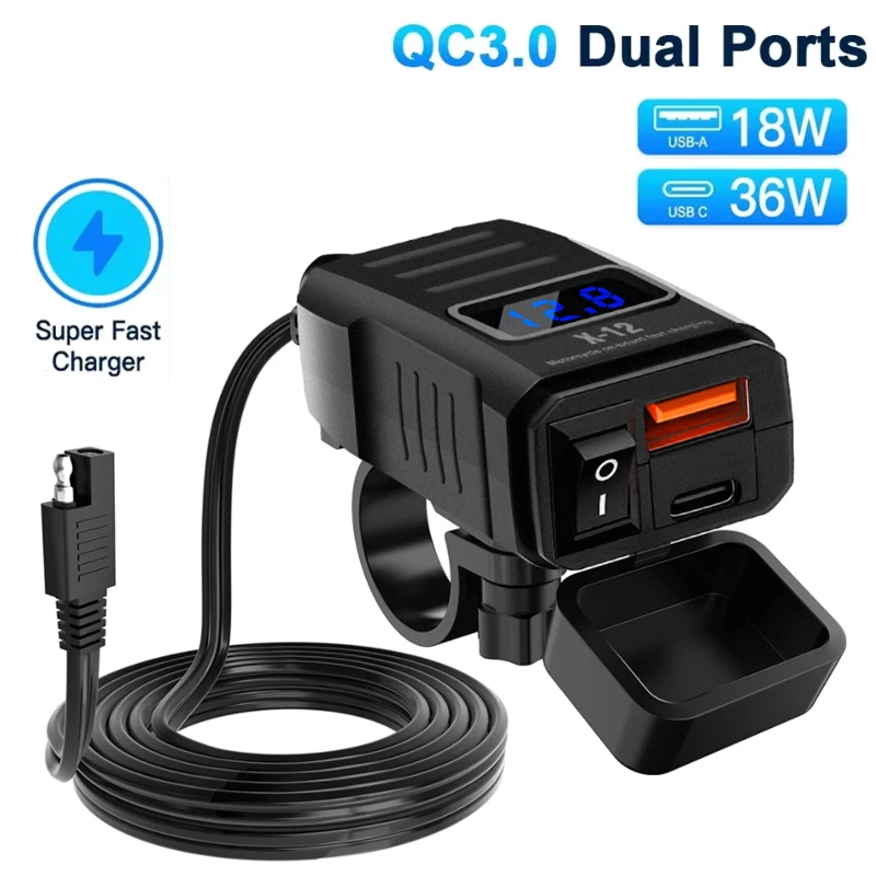 12V Motorcycle Fast USB Charger Handlebar PD+QC3.0 60W with Voltmeter & On/Off Switch Waterproof for Car, Truck, Boat
12V Motorcycle Fast USB Charger Handlebar PD+QC3.0 60W with Voltmeter & On/Off Switch Waterproof for Car, Truck, Boat