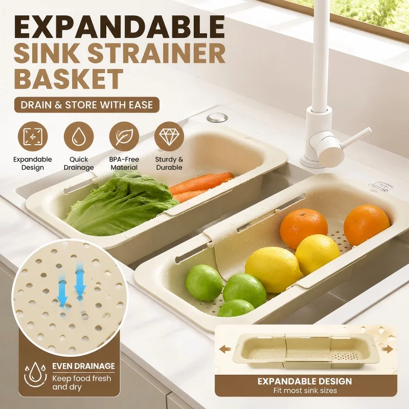 Drain basket for kitchen sink - a large-capacity, multi-functional, extendable vegetable washing basket for household use
Drain basket for kitchen sink - a large-capacity, multi-functional, extendable vegetable washing basket for household use