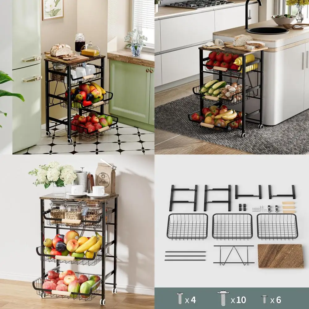 4-Tier Rolling Metal Basket Organizer with Wooden Top for Kitchen Storage: Black
4-Tier Rolling Metal Basket Organizer with Wooden Top for Kitchen Storage: Black