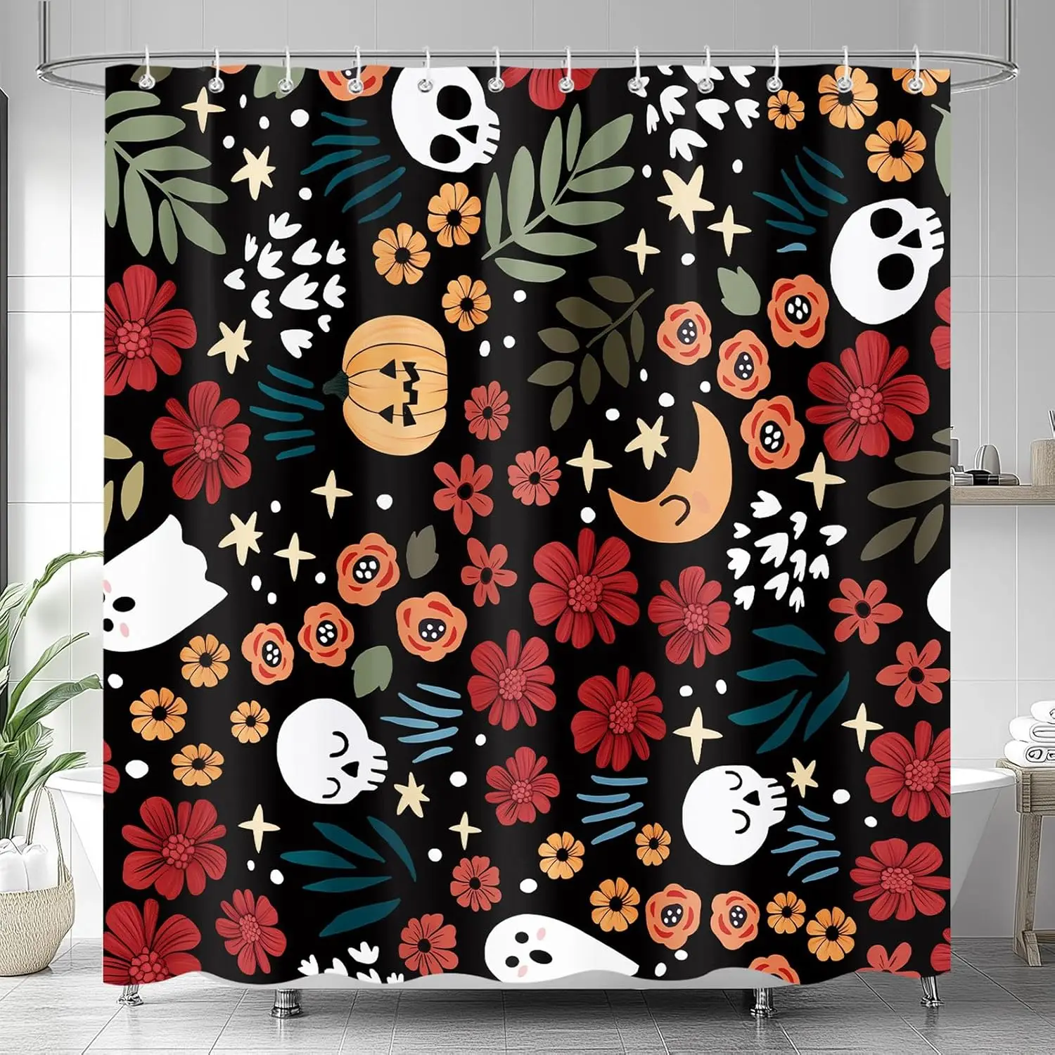 Funny Halloween Shower Curtain, Fall Cute Spooky Pumpkins and Gothic Skulls Pattern Design Bath Curtains for Bathroom, Abstract
Funny Halloween Shower Curtain, Fall Cute Spooky Pumpkins and Gothic Skulls Pattern Design Bath Curtains for Bathroom, Abstract