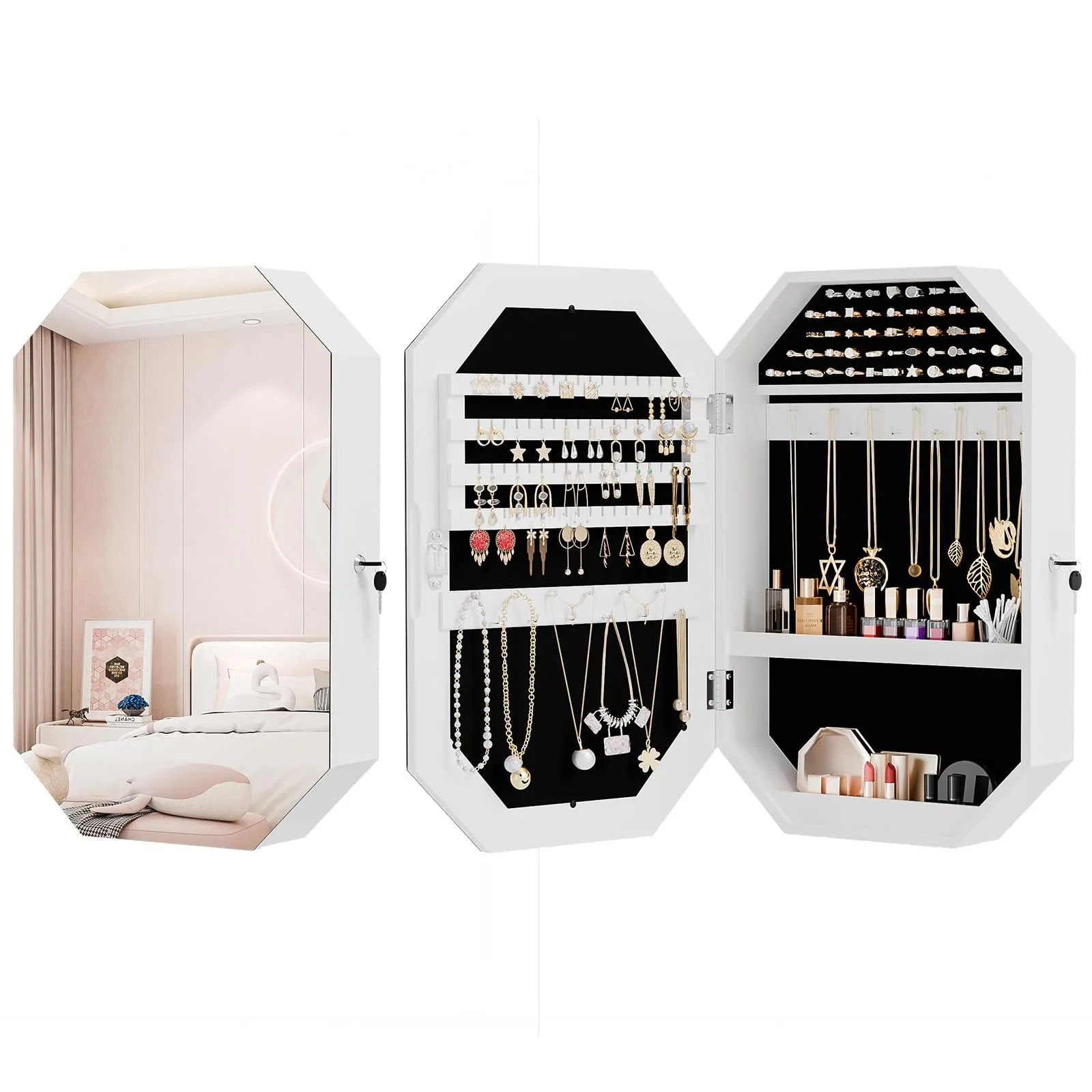 Modern Diamond-Shaped Jewelry Armoire, Lockable Octagonal Jewelry Cabinet Organizer with Mirror, Wall Mounted for Space Saving
Modern Diamond-Shaped Jewelry Armoire, Lockable Octagonal Jewelry Cabinet Organizer with Mirror, Wall Mounted for Space Saving