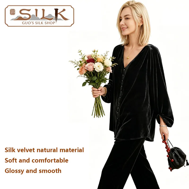 High-end 100% Natural Silk Velvet Women's Shirt with Pendulum Sleeves V-Neck Single Button, Loose Top Large Size, Fashion Casual
High-end 100% Natural Silk Velvet Women's Shirt with Pendulum Sleeves V-Neck Single Button, Loose Top Large Size, Fashion Casual