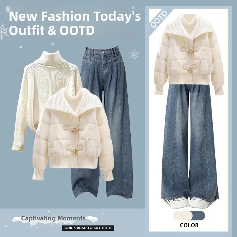 Casual Knitted Sweater And High Waist Jeans Women's Set Autumn Winter Fashion Slimming Cotton Jacket Two Piece Ensemble
Casual Knitted Sweater And High Waist Jeans Women's Set Autumn Winter Fashion Slimming Cotton Jacket Two Piece Ensemble