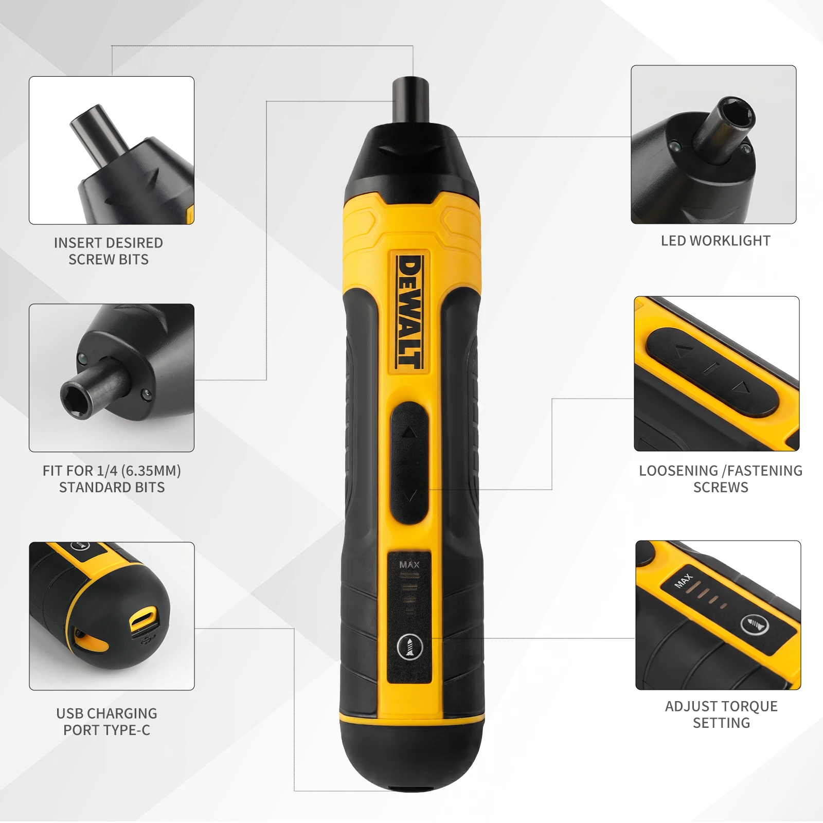 DEWALT Cordless Electric Screwdriver | 3.6V 5N.m Torque | 1/4" Chuck | 1300mAh Li - ion Battery
DEWALT Cordless Electric Screwdriver | 3.6V 5N.m Torque | 1/4" Chuck | 1300mAh Li - ion Battery