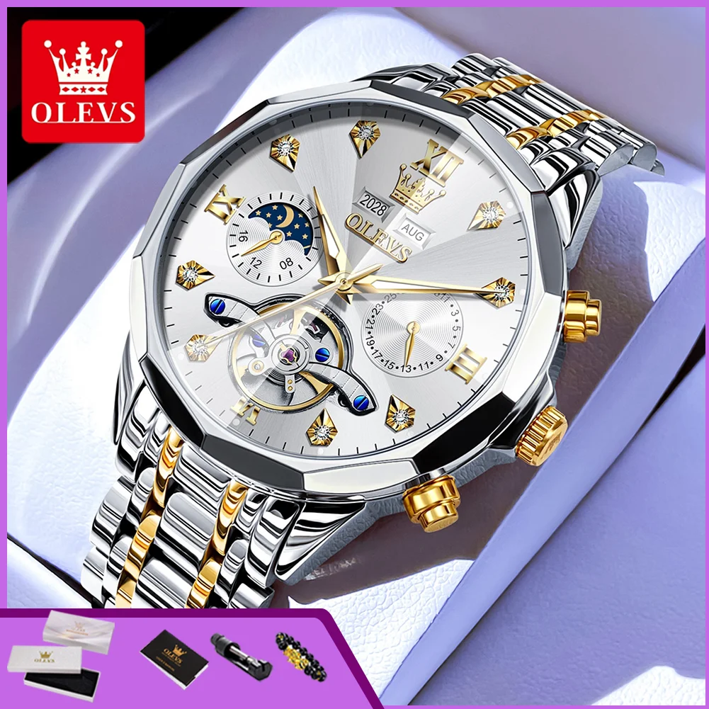 OLEVS 6621 Original Men's Watches Calendar Moon Phase Flywheel Hollow Stainless Steel Automatic Mechanical Wristwatches for Man
OLEVS 6621 Original Men's Watches Calendar Moon Phase Flywheel Hollow Stainless Steel Automatic Mechanical Wristwatches for Man