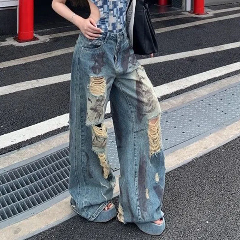 Vintage Y2K Ripped Jeans for Women American Streetwear Baggy Grunge Wide Leg Trousers Female Hot-Girl High Waisted Denim Pants
Vintage Y2K Ripped Jeans for Women American Streetwear Baggy Grunge Wide Leg Trousers Female Hot-Girl High Waisted Denim Pants