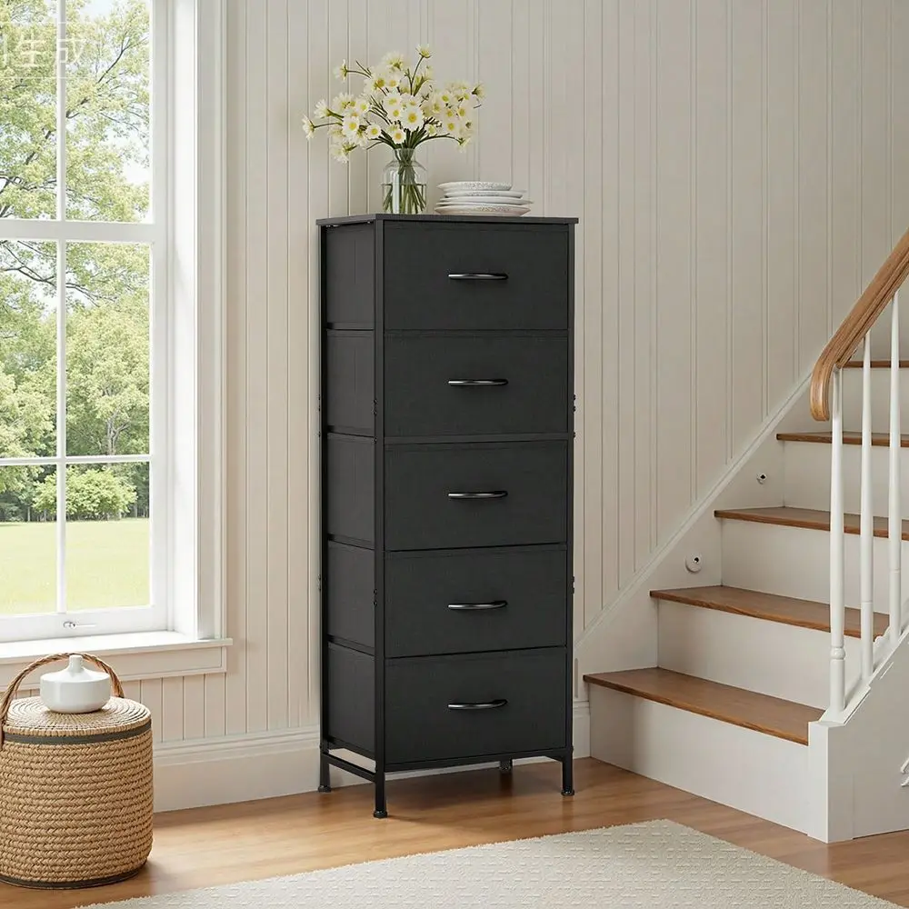 5 Drawer Dresser With Fabric Bins, Sturdy Steel Frame And Wood Top, Storage Organizer Chest For Bedroom, Closet, Hallway, Black
5 Drawer Dresser With Fabric Bins, Sturdy Steel Frame And Wood Top, Storage Organizer Chest For Bedroom, Closet, Hallway, Black