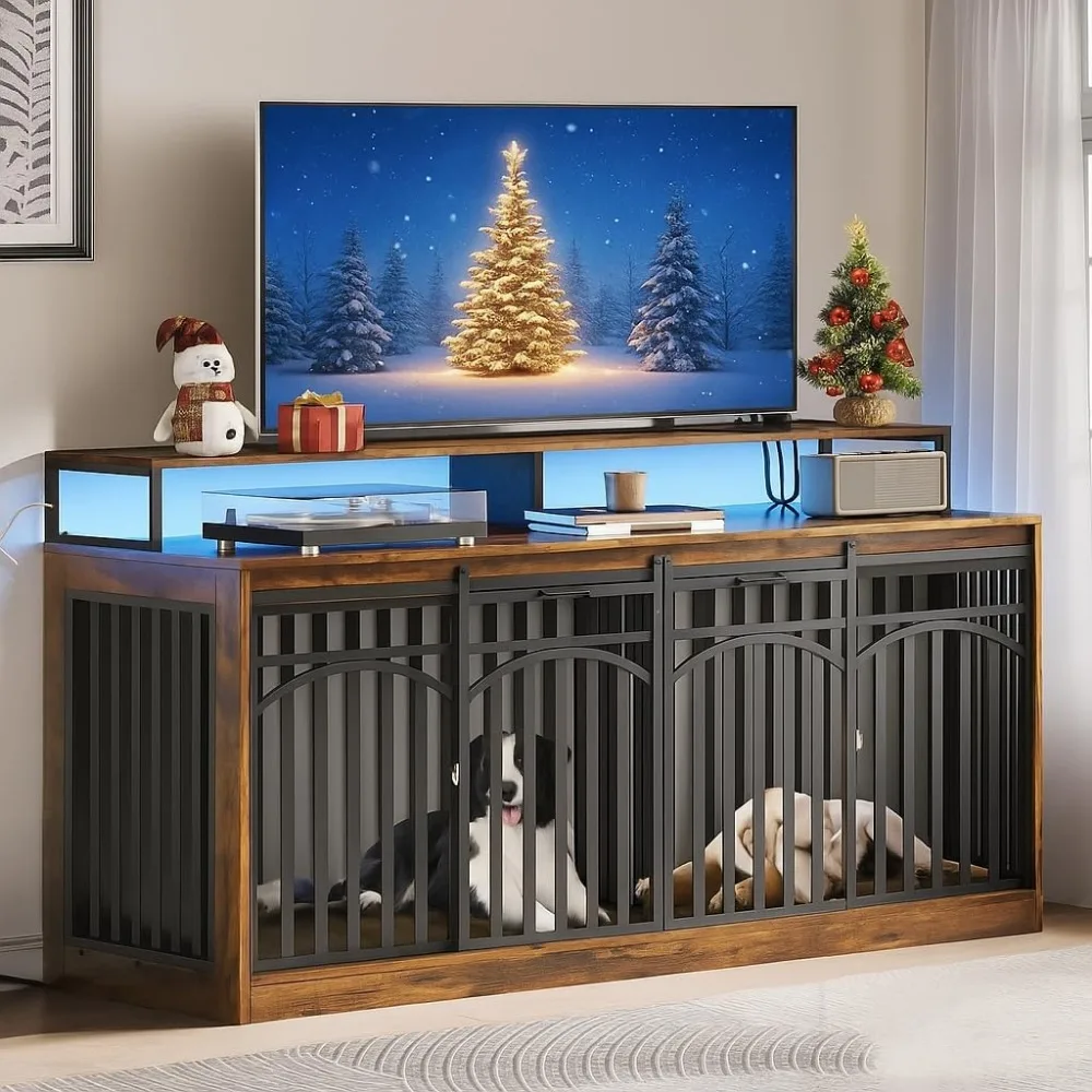 71in Double Dog Crate w/ LED, Outlets, Sliding Doors, Storage Shelves, Heavy-Duty Wood Kennel for 2 Med/Lg Dogs, TV Stand Combo
71in Double Dog Crate w/ LED, Outlets, Sliding Doors, Storage Shelves, Heavy-Duty Wood Kennel for 2 Med/Lg Dogs, TV Stand Combo