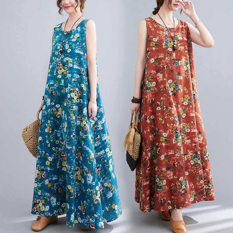 Summer 2024 plus Size Women's Retro Artistic Loose Floral Print Sleeveless Cotton Linen Dress Vest Strap Long Skirt Female
Summer 2024 plus Size Women's Retro Artistic Loose Floral Print Sleeveless Cotton Linen Dress Vest Strap Long Skirt Female