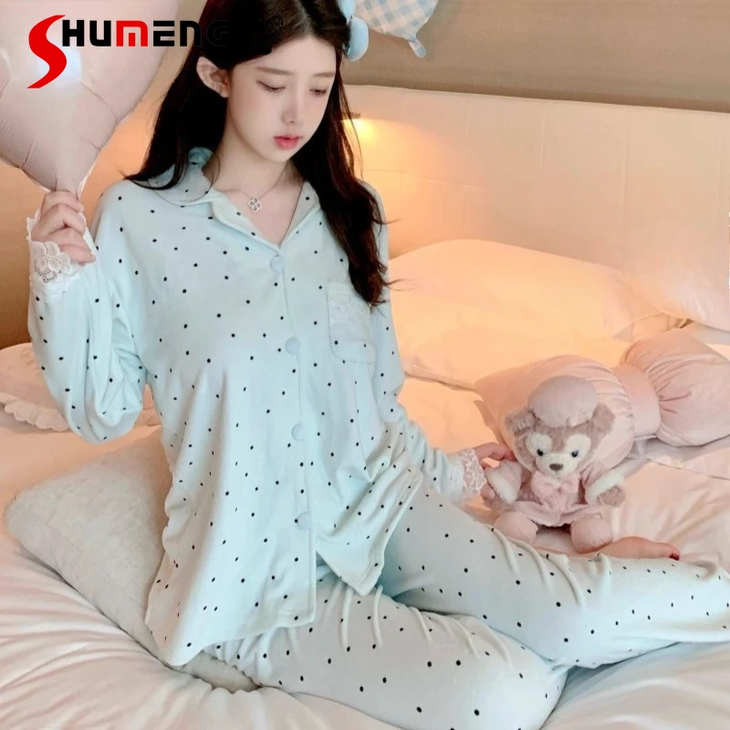 Polka Dot Autumn Winter Velvet Sleep Set Women's Japanese Style Pajamas Female Japanese Warm Slimming Lace Homewear Suit
Polka Dot Autumn Winter Velvet Sleep Set Women's Japanese Style Pajamas Female Japanese Warm Slimming Lace Homewear Suit
