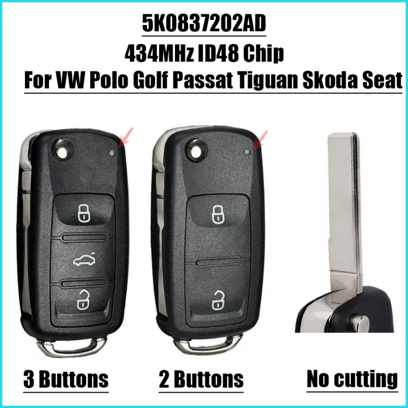 2/3 Buttons Flip Remote Car Key 434MHz ID48 Chip 5K0837202AD For VW Polo Golf Passat Tiguan Skoda Seat Car Accessories
2/3 Buttons Flip Remote Car Key 434MHz ID48 Chip 5K0837202AD For VW Polo Golf Passat Tiguan Skoda Seat Car Accessories