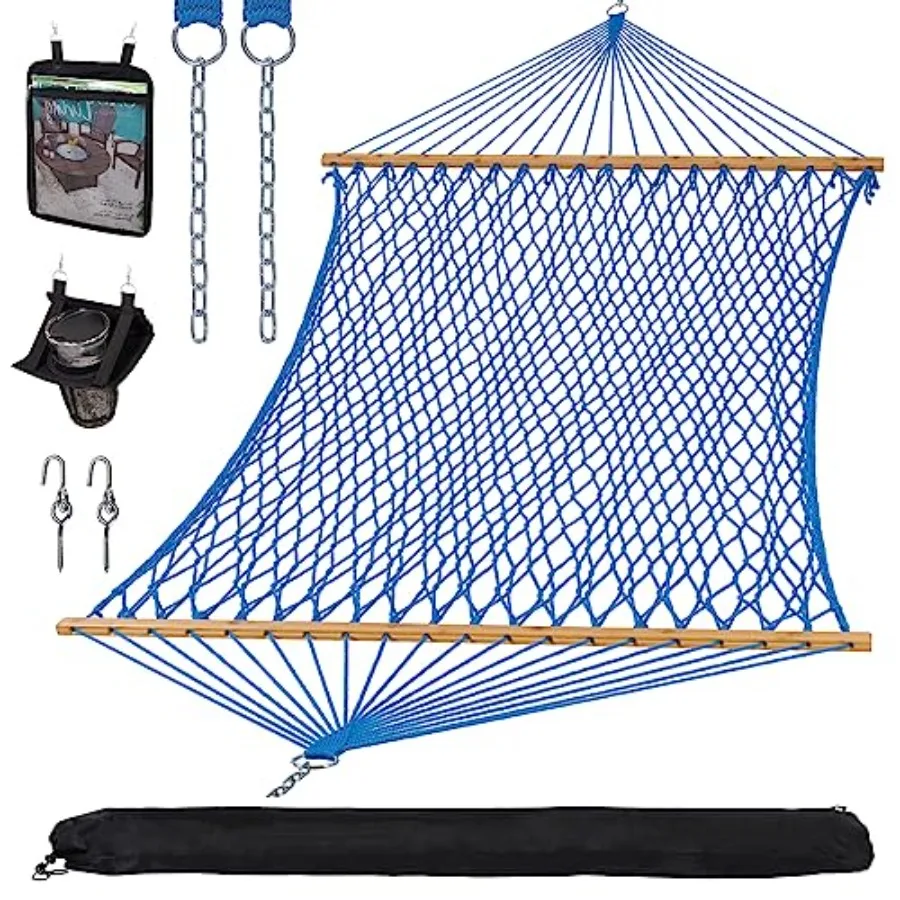 Outdoor polyester rope hammock with bamboo spreader bar, blue, 450 lbs capacity, includes carrying bag and tree hooks, two-pers
Outdoor polyester rope hammock with bamboo spreader bar, blue, 450 lbs capacity, includes carrying bag and tree hooks, two-pers