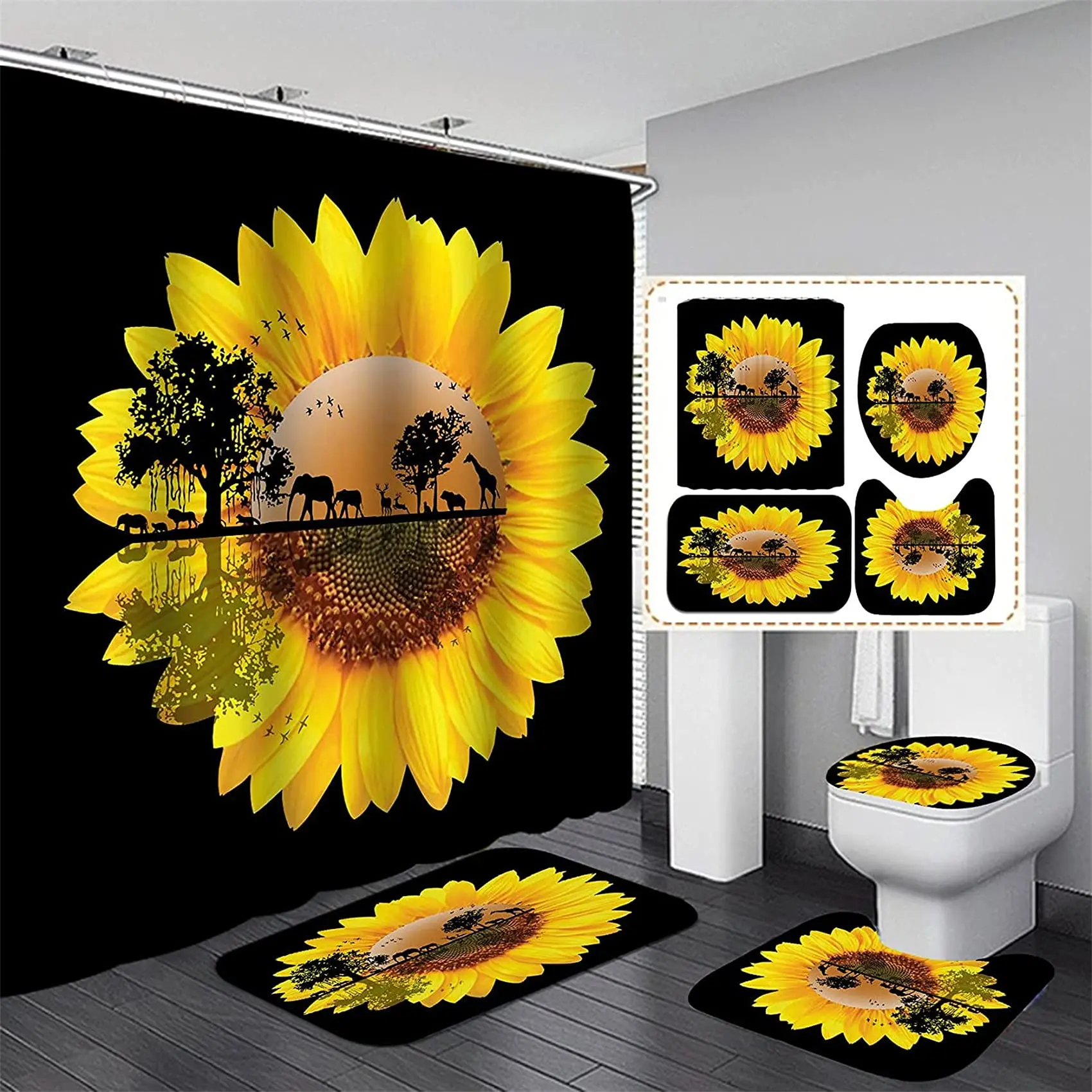 Sunflower Shower Curtain Set Floral Trees Bathroom Decor Set with Rugs Waterproof Shower Curtain Non-Slip Bath Mat Toilet Cover
Sunflower Shower Curtain Set Floral Trees Bathroom Decor Set with Rugs Waterproof Shower Curtain Non-Slip Bath Mat Toilet Cover