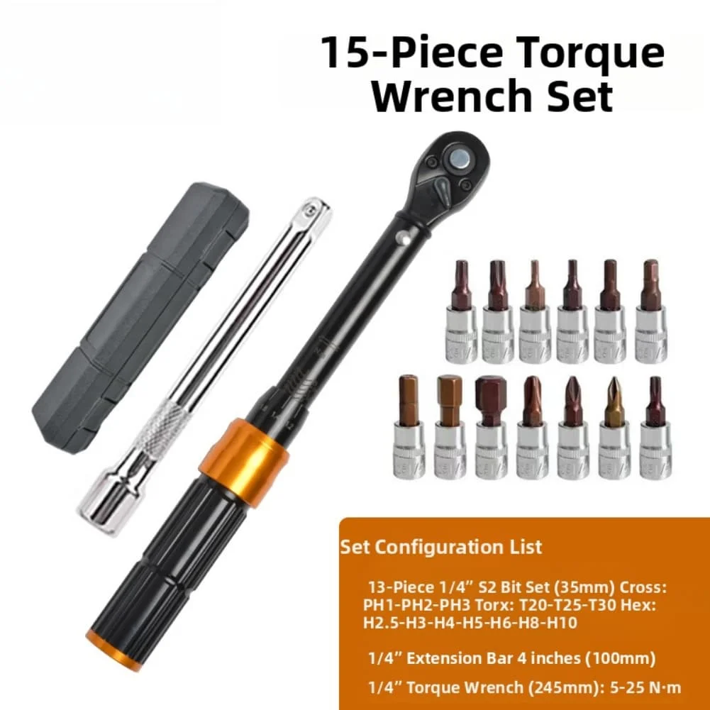 15pcs Torque Wrench Set Screwdriver Bits Hex Sockets Extension Bar 72-tooth Quick-release Reversible Ratchet Torque Wrench
15pcs Torque Wrench Set Screwdriver Bits Hex Sockets Extension Bar 72-tooth Quick-release Reversible Ratchet Torque Wrench