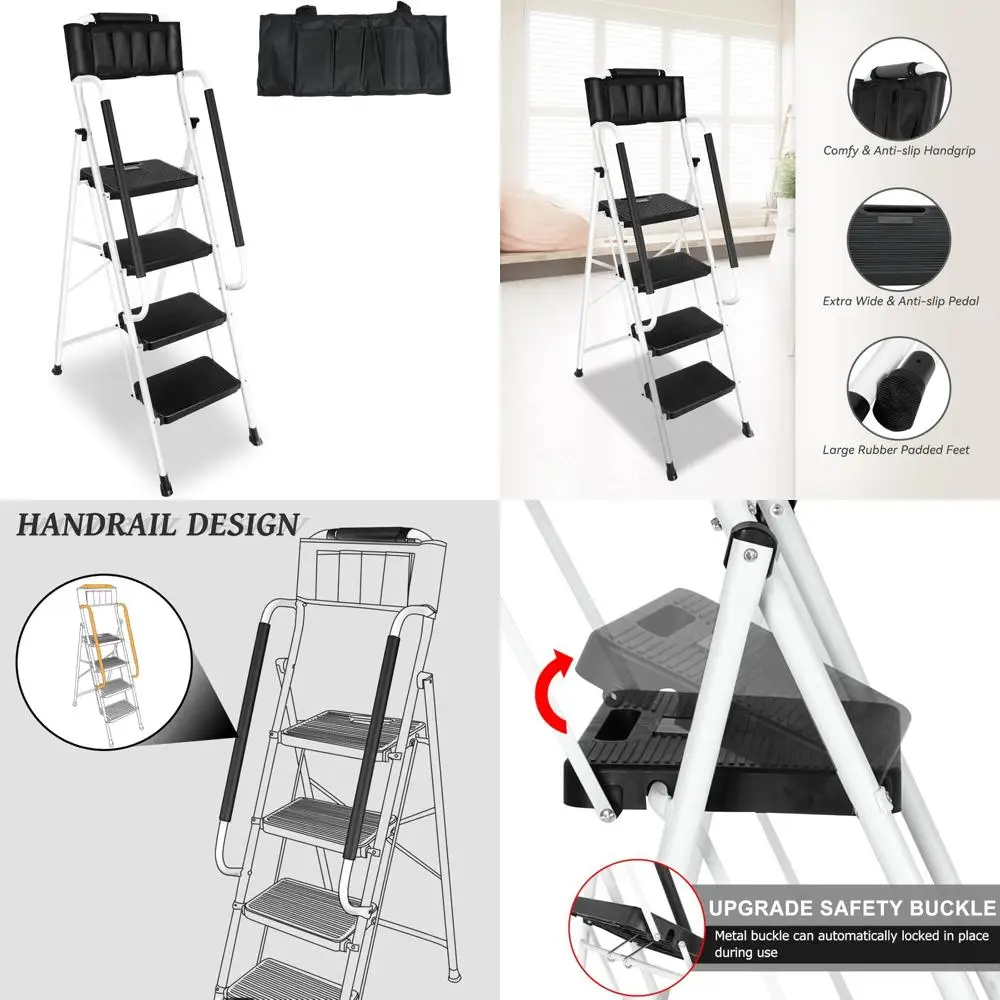 "portable 4-step ladder with handrails and detachable tool pouch, 330 lbs capacity, non-slip treads for kitchen use"
"portable 4-step ladder with handrails and detachable tool pouch, 330 lbs capacity, non-slip treads for kitchen use"