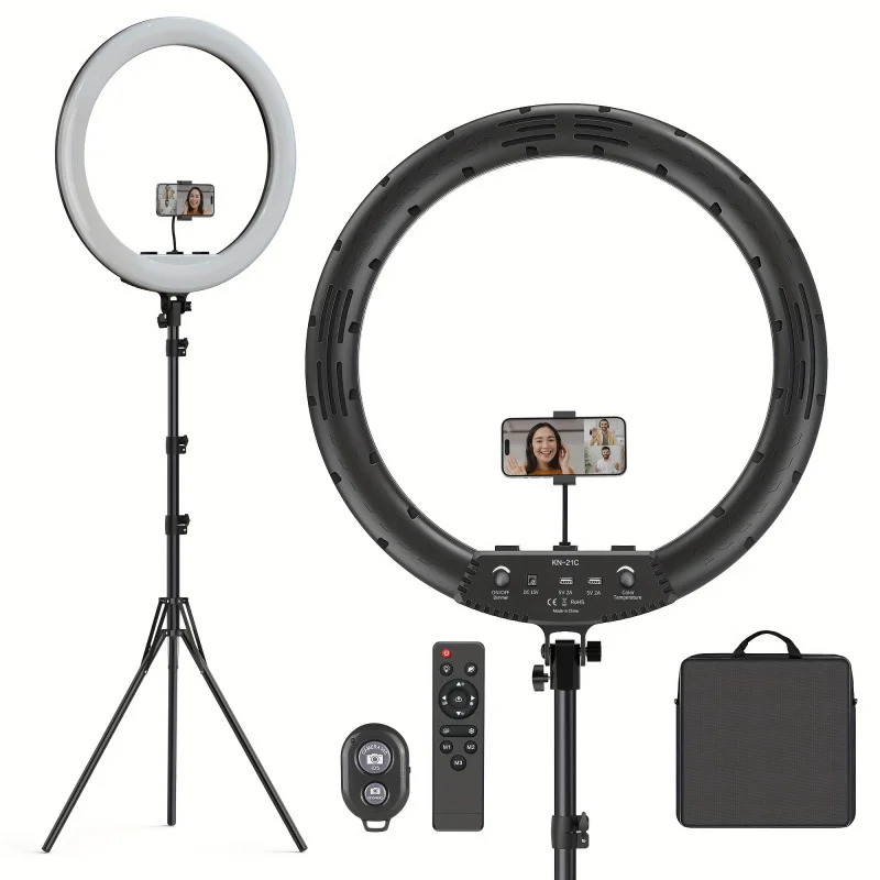 21 inch ring light with bracket external 55W 5600K dimmable LED lamp, tripod stand holder and phone holder, remote control, port
21 inch ring light with bracket external 55W 5600K dimmable LED lamp, tripod stand holder and phone holder, remote control, port