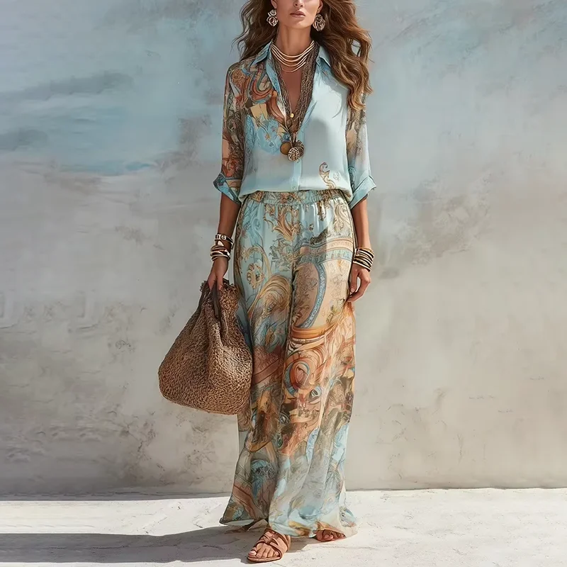 Women's Digital Print Two-Piece Set Turndown Collar Single-breasted Blouse Top Wide Leg Pants Casual Loose Suit for Vacation
Women's Digital Print Two-Piece Set Turndown Collar Single-breasted Blouse Top Wide Leg Pants Casual Loose Suit for Vacation