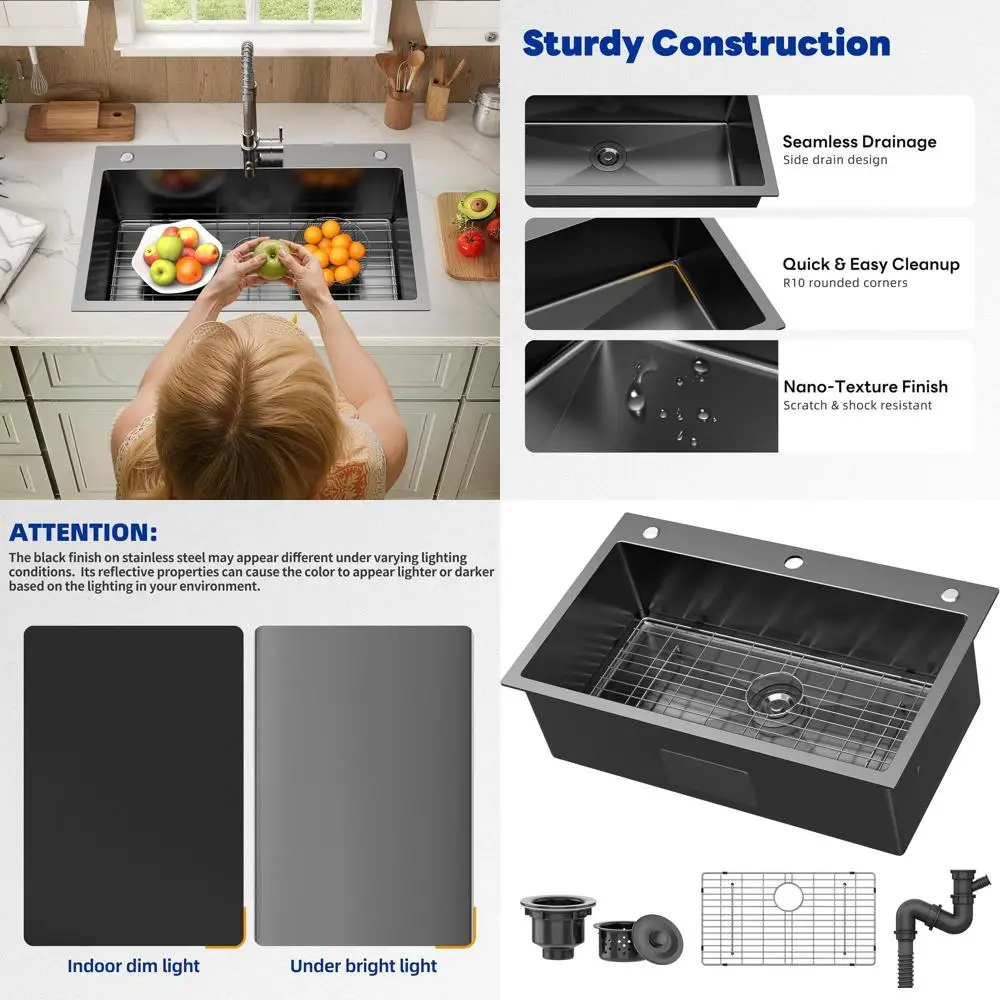 Кухонная мойка с верхним монтажом, одинарная чаша, 33 x 19 x 10, нержавеющая сталь, нано-покрытие, цвет черный металлик, ручной работы, для установки на столешницу, с решеткой для слива
Кухонная мойка с верхним монтажом, одинарная чаша, 33 x 19 x 10, нержавеющая сталь, нано-покрытие, цвет черный металлик, ручной работы, для установки на столешницу, с решеткой для слива