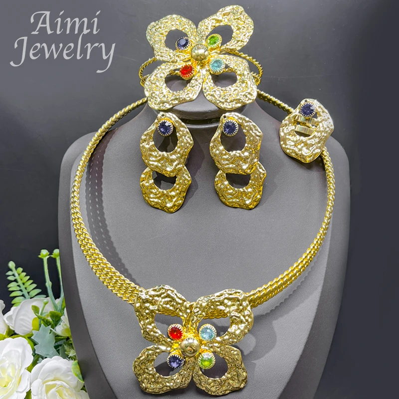 18K Gold Plated Jewelry Set Colorful Rhinestone Flower Necklace Earrings Bracelet Ring Women African Bridal Wedding Party Gifts
18K Gold Plated Jewelry Set Colorful Rhinestone Flower Necklace Earrings Bracelet Ring Women African Bridal Wedding Party Gifts